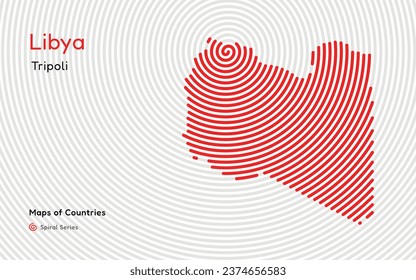 Mapa creativo de Libia, Mapa político. La capital de Trípoli. Serie de mapas de vectores de World Countries. Espiral, serie de huellas dactilares
