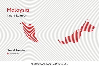 Creative map of Malaysia. Political map. Kuala Lumpur. Capital. World Countries vector maps series. Spiral fingerprint series black