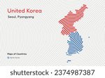 Creative map of South and North Korea. Political map. Seoul, Pyongyang. United Korea. Capital. World Countries vector maps. Spiral fingerprint series