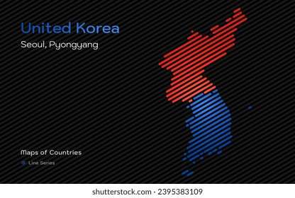 Mapa creativo de Corea del Sur y del Norte. Corea Unida. Mapa político. Capitales: Seúl, Pyongyang.  Mapas vectoriales de países del mundo, serie de líneas	