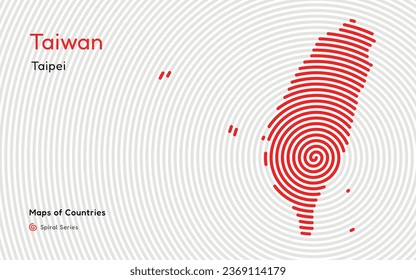 Creative map of Taiwan. Political map. Taipei. Capital. World Countries vector maps series. Spiral fingerprint series black