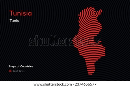 Creative map of Tunisia, Political map. Tunis Capital. World Countries vector maps series. Spiral, fingerprint series