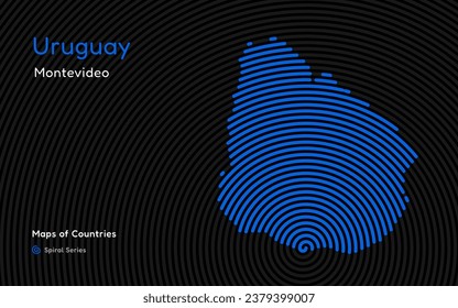 Creative map of Uruguay. Political map. Montevideo. Capital. World Countries vector maps series. Spiral fingerprint series