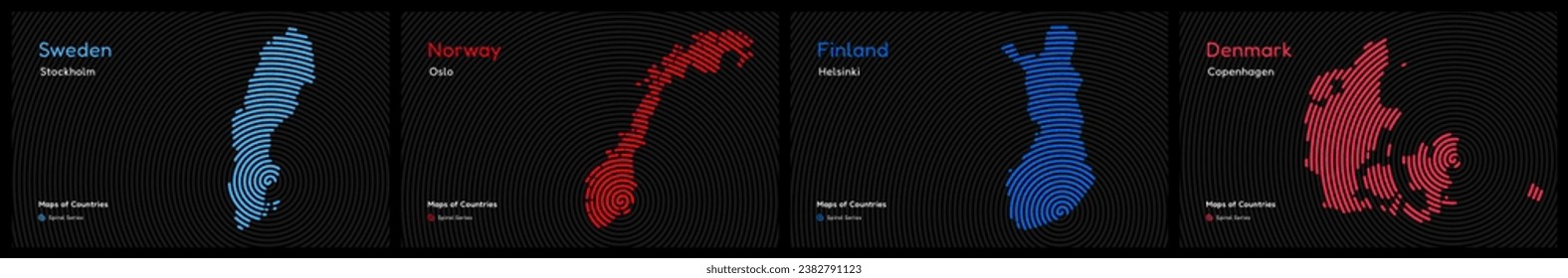 Kreative Karten von Ländern Scandivians. Schweden, Norwegen, Finnland, Dänemark. Vektorgrafik-Serien von Weltländern. SpiralFingerabdruckserie