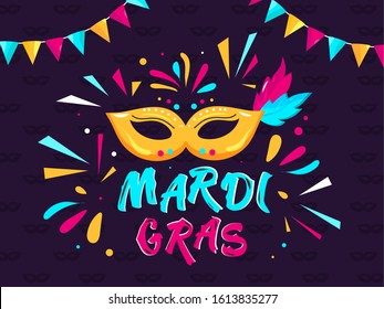 Creative Mardi Gras Text with Party Mask, Confetti and Bunting Flag Decorated on Purple Background.