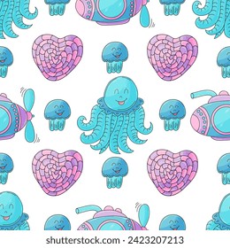 Creative marine seamless pattern. Pattern in hand draw style