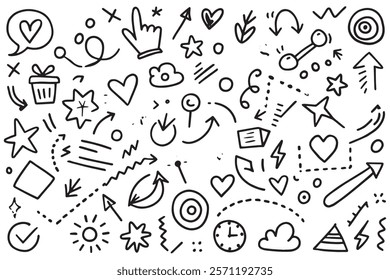 Creative marker doodle set with colorful arrows, hearts, stars, clouds, and icons perfect for graphic and design purposes