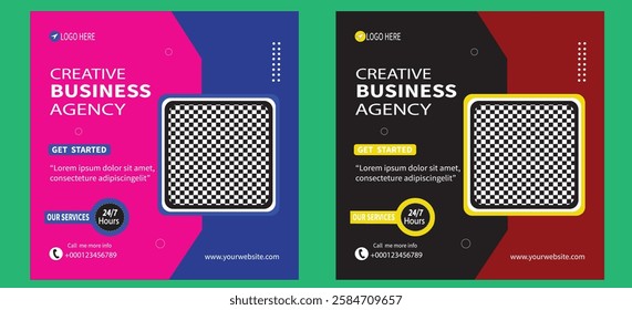 Creative marketing agency. Corporate business marketing square web social media banner flyer template. sale and discount promo ads. black and Blue background