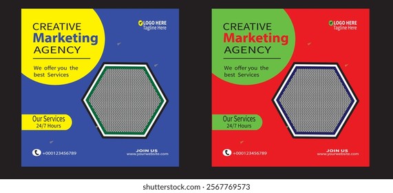 Creative Marketing Agency Social Media Post.Creative digital business agency social media post template design. Banner promotion. Corporate advertising.