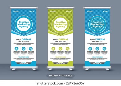 Creative marketing agency standee roll up banner vector with aqua and green colors. Business promotion and presentation banner design for marketing. Company advertisement roll up banner design.
