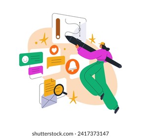 Creative marketing communication concept. Online creativity. Visual designer, creator creating design for social media, network, internet. Flat vector illustration isolated on white background