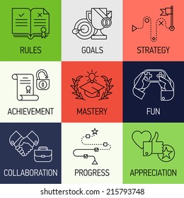 Creative marketing concept with gamification elements, marketing strategy, rules, goals, achievement | Vector illustration set of nine flat line modern style icons such as fun, mastery, appreciation