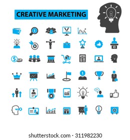 Creative marketing concept icons: strategy, advertising, business, management, idea, creator, campaign, plan, media, development, brainstorm, affilate, design, research, consumer. Vector illustration