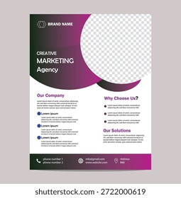 Layout de folheto de marketing criativo com apresentação moderna. Este layout de folheto de marketing criativo oferece uma apresentação moderna adequada para uma ampla gama de usos promocionais. O design combina equilíbrio visual com posicionamento de conteúdo estruturado, permitindo que as principais mensagens se destaquem claramente. Os espaços reservados para imagens e as áreas de texto tornam a personalização simples e eficiente. Ideal para compartilhamento digital, materiais impressos e campanhas publicitárias. O estilo geral suporta a comunicação profissional, mantendo uma aparência visualmente envolvente.

Modelo de folheto da agência de marketing criativa com design roxo e verde isolado no fundo transparente