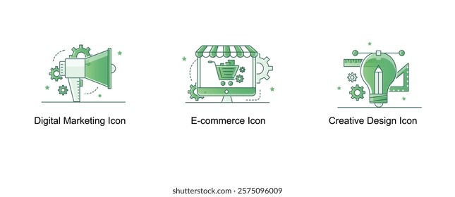 Creative and Marketing Solutions. Creative Design Icon, Digital Marketing Icon, E-commerce Icon