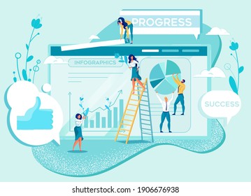 Creative Marketing Team Using Infographic to Promote Business Through Advertising Campaign. Infomercial Data Placement in Progress. People Mounting Diagram and Interface Elements into Website Page.