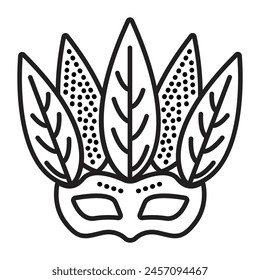 Creative masquerade mask with long leaves, vector black line icon