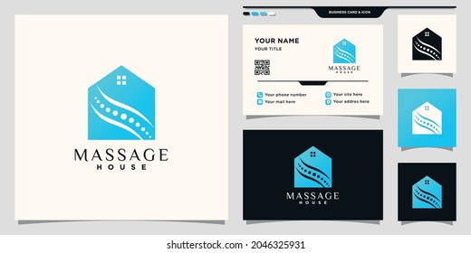 Masaje creativo y logotipo de la casa con concepto de espacio negativo y diseño de tarjeta de visita Premium Vector