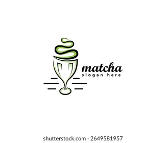 creative matcha late logo, abstract matcha in a striped glass, logo design inspiration