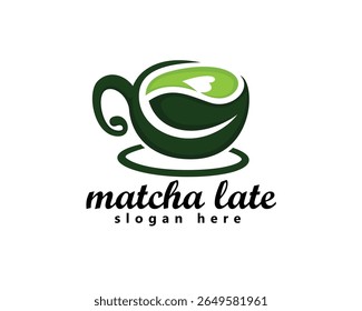creative matcha late logo, leaf shaped glass containing matcha logo design inspiration