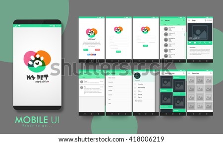 Creative Material Design UI, UX, GUI layout for e-commerce, responsive website and pet adoption mobile apps including Welcome, Sign-Up, Login, My Pets, Animal Category, Chat, Filter, Other Services.
