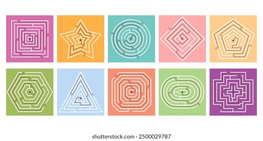 Creative maze game and labyrinth puzzle with different shapes and forms set for education and fun. Challenge route, interesting path, exit search way for development vector illustration. Riddle play