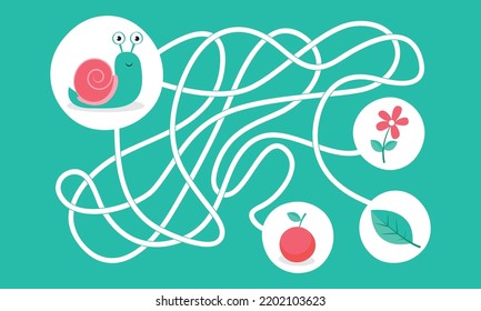 Creative maze for kids worksheet with snail.Game for kids. Puzzle for children. Happy character. Labyrinth conundrum. Color vector EPS 10 illustration. Find the right path.