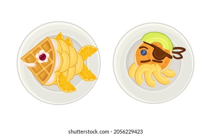 Creative meal dishes for kids served on plates set. Serving Ideas for healthy breakfast, waffle and pancake cartoon vector illustration