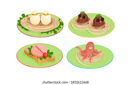Creative Meal Dishes Plating and Serving Ideas Vector Set
