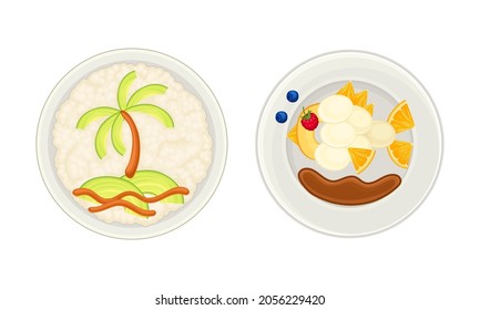 Creative meal dishes served on plates set. Serving Ideas for healthy breakfast for kids cartoon vector illustration