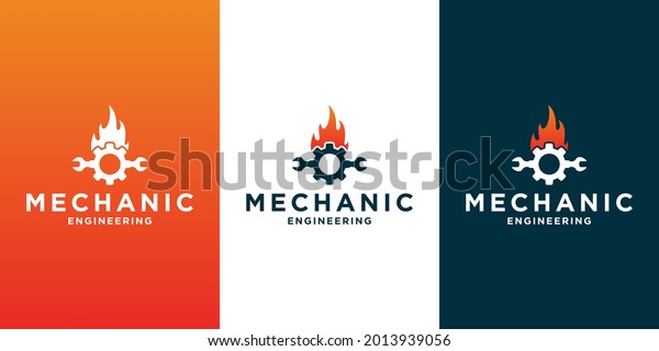 creative mechanic logo design with\
equipment, gear and fire working, for your business\
workshop
