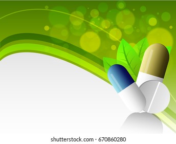 Fondo médico creativo con cápsulas lustrosas, comprimidos y hojas verdes.