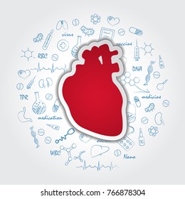 Creative Medical Care Background With Human Heart Anatomy. Medical Symbol Of Cardiology. Vector Illustration EPS.