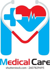 Creative medical care logo with heart, stethoscope, and cross symbol. Perfect for healthcare, hospital, clinic, medical service, doctor, and health-related branding