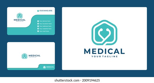 logotipo médico creativo y tarjeta de visita con estetoscopio y casa icono,