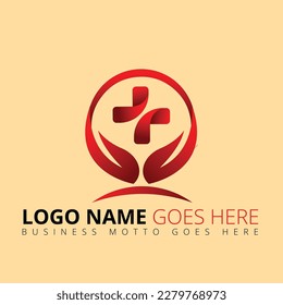 Creative medical logo design vector with hand symbol and plus