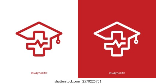 Creative Medical School Logo. Graduation Cap and Cross Health Icon Graphic. Study Health Logo Design Template