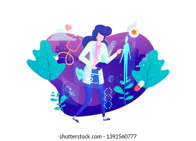Creative Medical Technology Vector Illustration In Isolated White Background, suitable for landing page, ui, web banners, mobile apps intro card, print, news editorial, flyer, and event graphics.