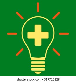 Creative Medicine Bulb vector icon. Style is bicolor flat symbol, orange and yellow colors, rounded angles, green background.