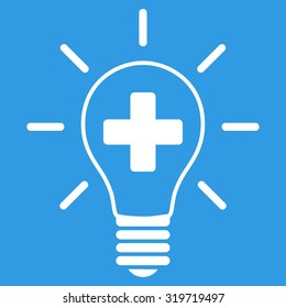 Creative Medicine Bulb vector icon. Style is flat symbol, white color, rounded angles, blue background.