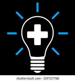 Creative Medicine Bulb vector icon. Style is bicolor flat symbol, blue and white colors, rounded angles, black background.