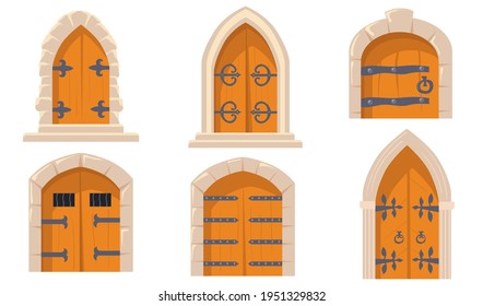 Creative medieval castle doors flat pictures set for web design. Cartoon collection of game heavy wooden doors for dungeons isolated vector illustrations. Fantasy and decorative elements concept