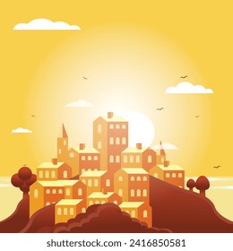 Creativo paisaje de pueblo medieval con sol y nubes