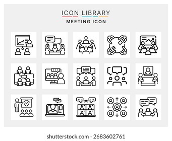 Creative meeting icon set for teamwork, brainstorming and online conferences