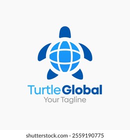A creative and memorable logo fusing a turtle silhouette with a globe pattern, conveying steady global reach and reliable international presence. The green and teal flat vector style balances playfulness with professionalism. Great for logistics companies, eco travel brands, international NGOs, and sustainable global services.