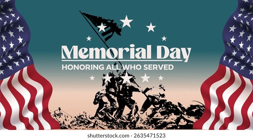 Creative Memorial Day background in vector style, featuring waving flags, veterans tribute, and bold typography. Perfect for web banners, posters, or social media posts.