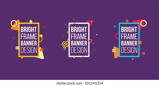 Conjunto de diseño de banner de Creative Memphis con objetos coloridos y marco, Lugar para texto. Fondo plano oscuro. Estilo moderno ideal para carteles, portadas, ventas de medios sociales