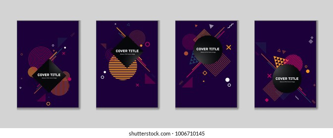 Creative memphis cover collection pattern with white, orange and red geometrical shapes on purple background. Variegated first page cover selection. Memphis style backdrop for business purpose.