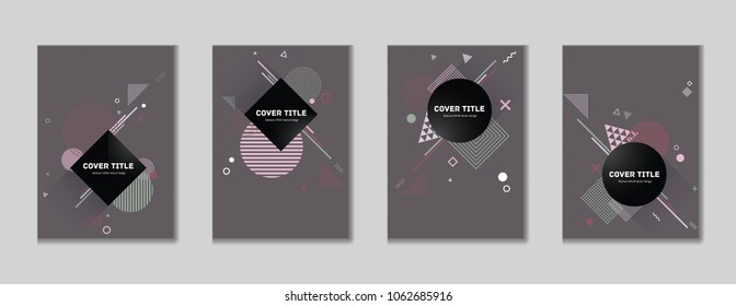 Creative memphis cover collection vector with white, pink, red and green geometrical shapes on background. Variegated first page cover assortment. Colorful memphis style backdrop for marketing purpose