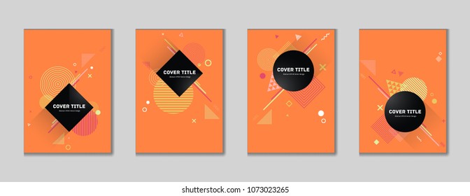 Creative memphis cover collection vector with white, pink, red and green geometrical shapes on background. Variegated first page cover set. Colorful memphis style backdrop for advertisement purpose.